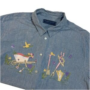 Vintage Karen Scott Women's Embroidered Button Up - Garden- 100% Cotton- Size XL